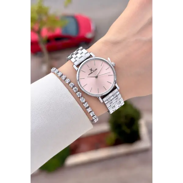 Kadranı Pembe Kordonu Gümüş Renk 30 Mm Hediye Paketli Kadın Kol Saati ve Bileklik