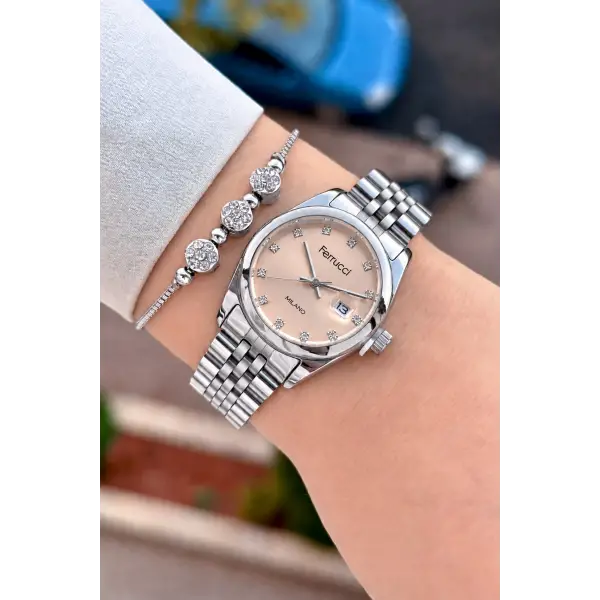 Kadranı Pembe Kordonu Gümüş Renk 28 Mm Hediye Paketli Kadın Kol Saati