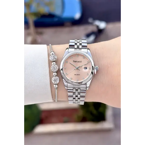 Kadranı Pembe Kordonu Gümüş Renk 28 Mm Hediye Paketli Kadın Kol Saati