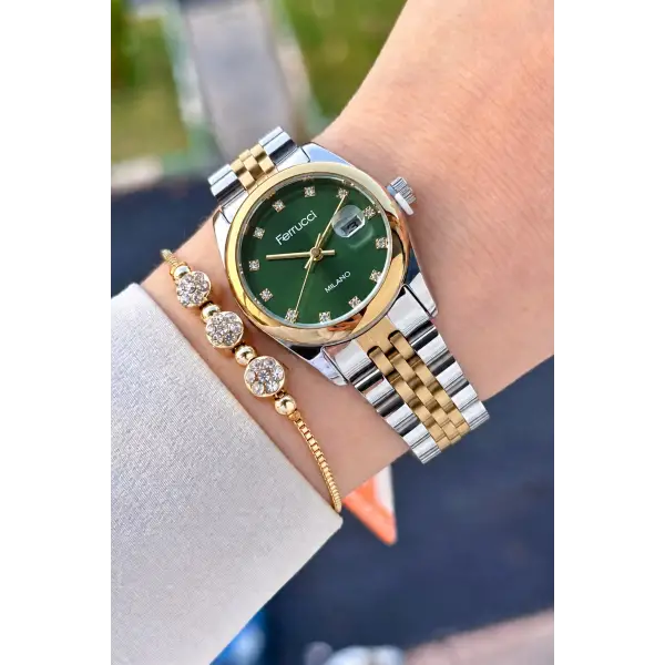 Kadranı Yeşil Kordonu Gold Gümüş Renk 28 Mm Hediye Paketli Kadın Kol Saati