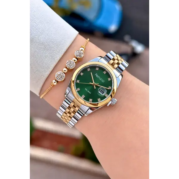 Kadranı Yeşil Kordonu Gold Gümüş Renk 28 Mm Hediye Paketli Kadın Kol Saati