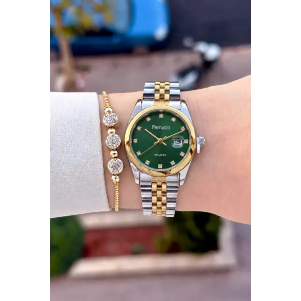 Kadranı Yeşil Kordonu Gold Gümüş Renk 28 Mm Hediye Paketli Kadın Kol Saati