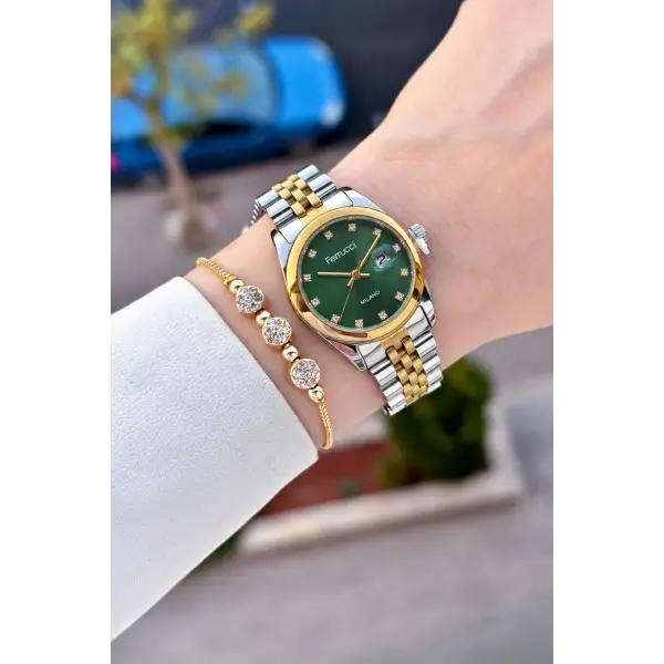 Kadranı Yeşil Kordonu Gold Gümüş Renk 28 Mm Hediye Paketli Kadın Kol Saati