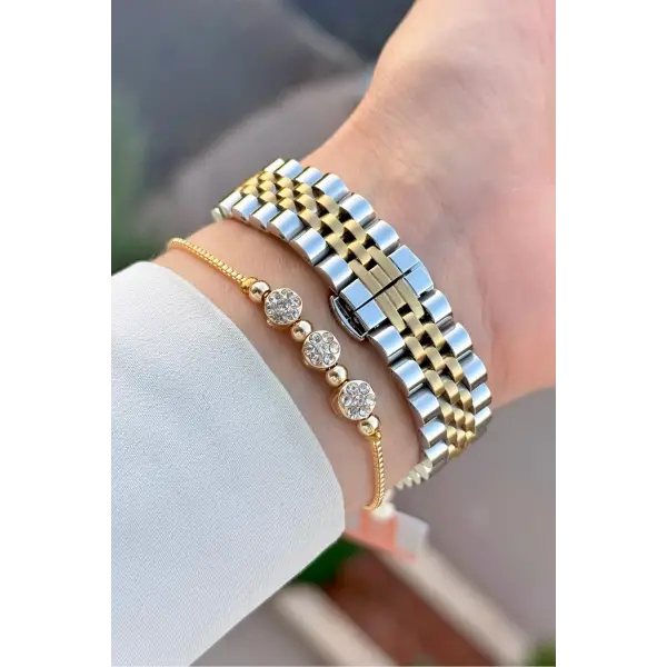 Kadranı Yeşil Kordonu Gold Gümüş Renk 28 Mm Hediye Paketli Kadın Kol Saati