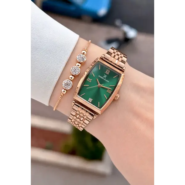 Kadranı Yeşil Kordonu Bronz Renk 24 Mm 2 Yıl Garantili Kadın Kol Saati