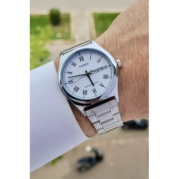 Casio CSISTE15 Kadranı Beyaz Kordonu Gümüş Renk Takvim ve Günlü Hediye Paketli Erkek Kol Saati