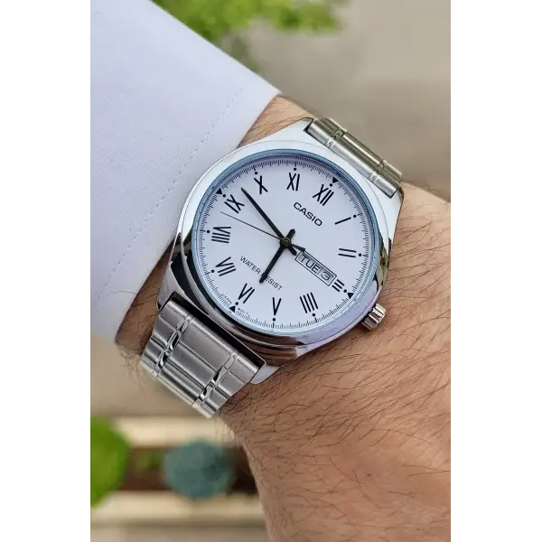 Casio CSISTE15 Kadranı Beyaz Kordonu Gümüş Renk Takvim ve Günlü Hediye Paketli Erkek Kol Saati
