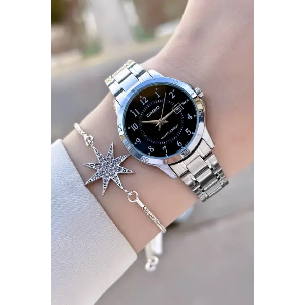 Casio Kadranı Siyah Rakamlı Gümüş Renk Kadın Kol Saati