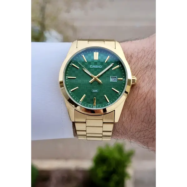 Casio Kadranı Yeşil Kordonu Gold Renk Erkek Kol Saati
