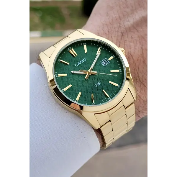 Casio Kadranı Yeşil Kordonu Gold Renk Erkek Kol Saati