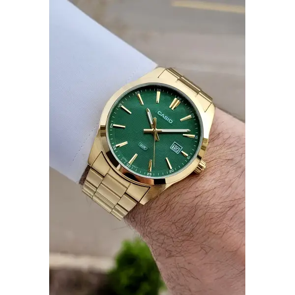 Casio Kadranı Yeşil Kordonu Gold Renk Erkek Kol Saati