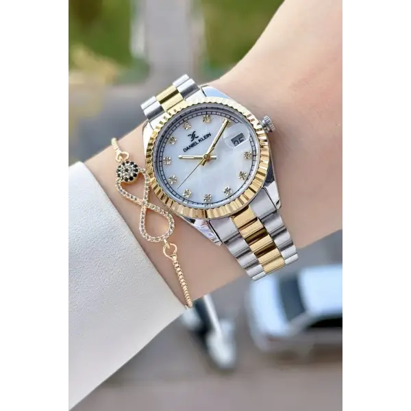 Gold Gümüş Renk 33 Mm Hediye Paketli Kadın Kol Saati ve Bileklik