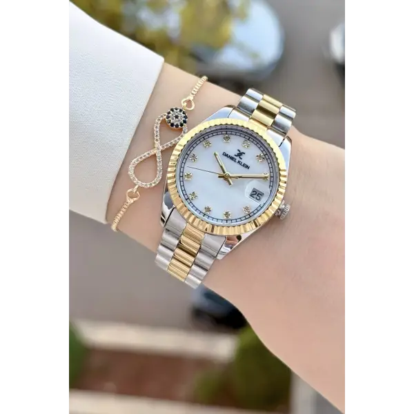 Gold Gümüş Renk 33 Mm Hediye Paketli Kadın Kol Saati ve Bileklik