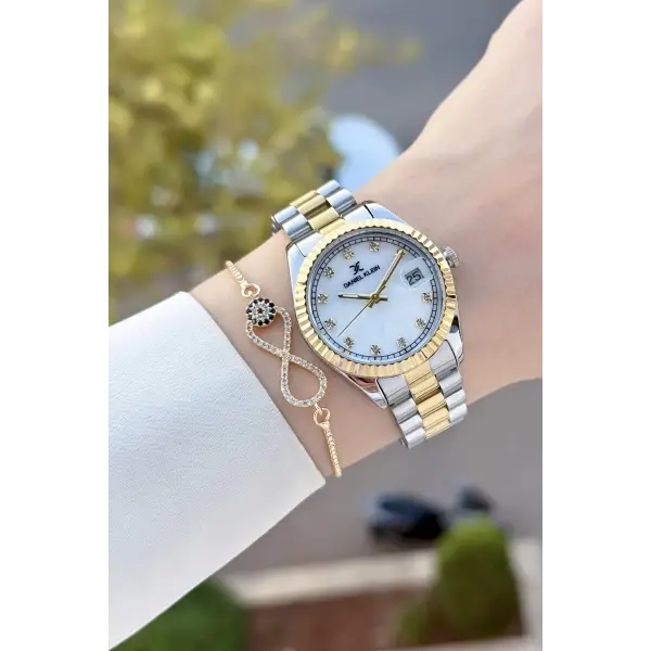 Gold Gümüş Renk 33 Mm Hediye Paketli Kadın Kol Saati ve Bileklik