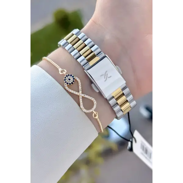 Gold Gümüş Renk 33 Mm Hediye Paketli Kadın Kol Saati ve Bileklik