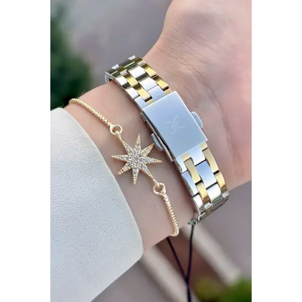Gold Gümüş Renk Hediye Paketli 25 Mm Kadın Kol Saati