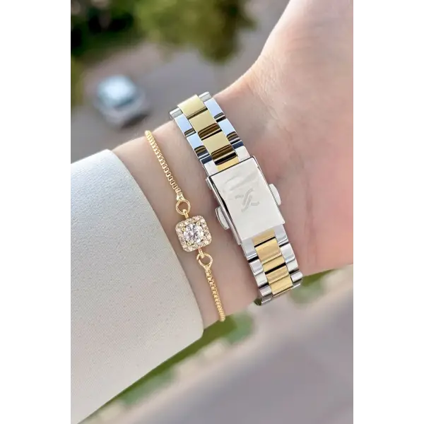 Gold Gümüş Renk Hediye Paketli Kadın Kol Saati