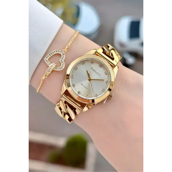 Gold Renk 30 Mm Kadın Kol Saati ve Bileklik