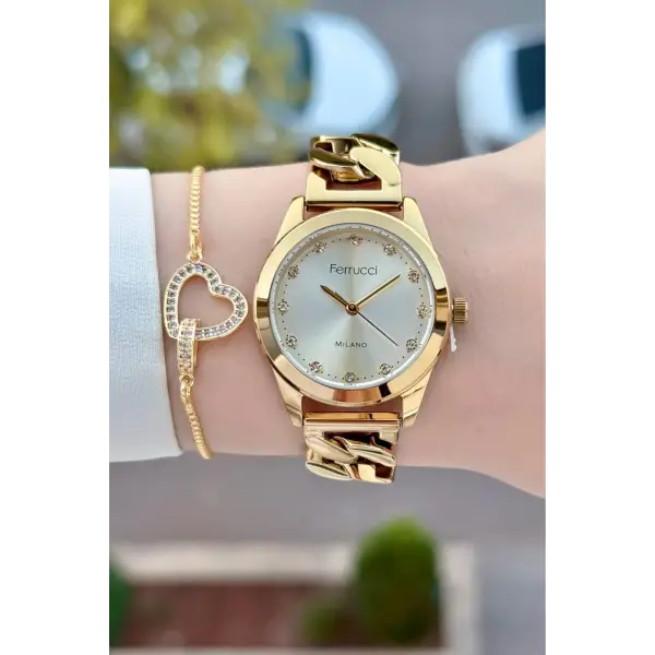 Gold Renk 30 Mm Kadın Kol Saati ve Bileklik