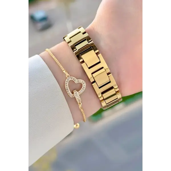 Gold Renk 30 Mm Kadın Kol Saati ve Bileklik