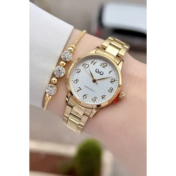 Gold Renk 30 Mm Rakamlı Kadın Kol Saati ve Hediye Bileklik