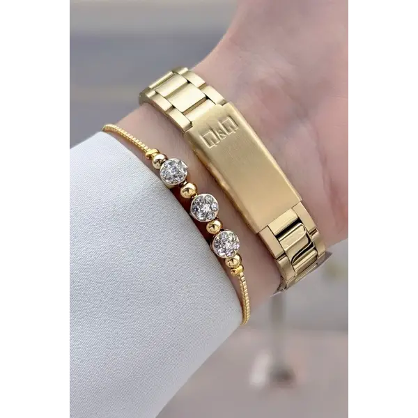 Gold Renk 30 Mm Rakamlı Kadın Kol Saati ve Hediye Bileklik