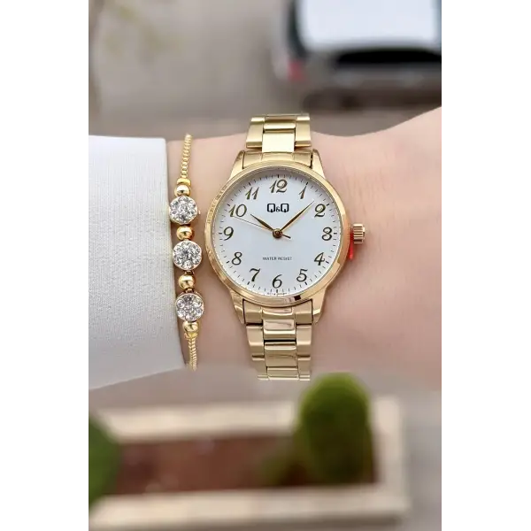 Gold Renk 30 Mm Rakamlı Kadın Kol Saati ve Hediye Bileklik