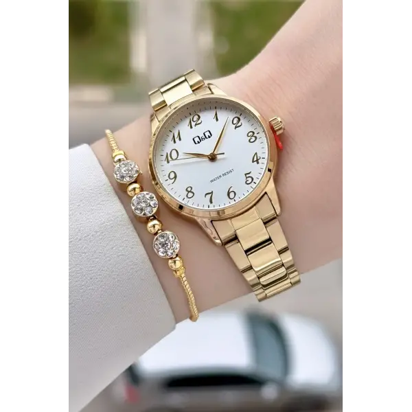 Gold Renk 30 Mm Rakamlı Kadın Kol Saati ve Hediye Bileklik