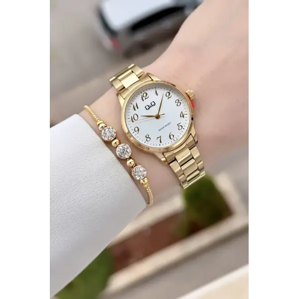 Gold Renk 30 Mm Rakamlı Kadın Kol Saati ve Hediye Bileklik