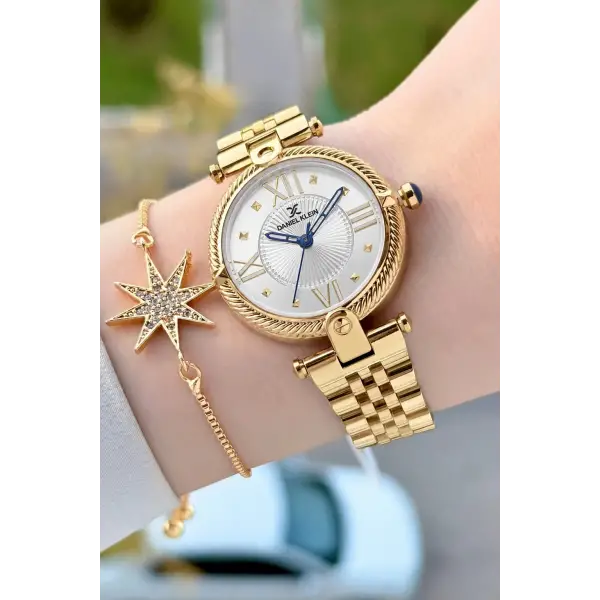 Gold Renk 32 Mm Kadın Kol Saati ve Bileklik