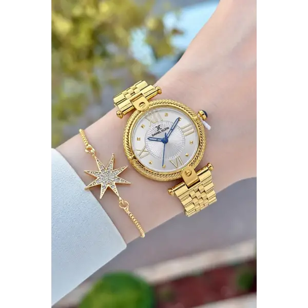 Gold Renk 32 Mm Kadın Kol Saati ve Bileklik