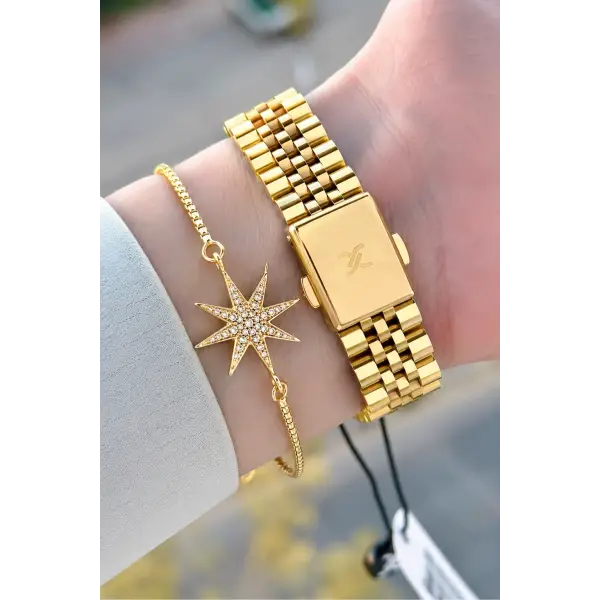 Gold Renk 32 Mm Kadın Kol Saati ve Bileklik