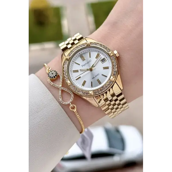 Gold Renk 34 Mm Kadın Kol Saati ve Bileklik
