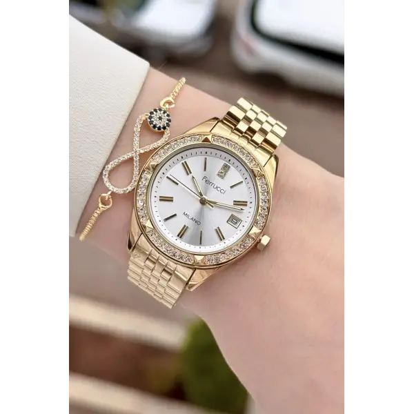 Gold Renk 34 Mm Kadın Kol Saati ve Bileklik