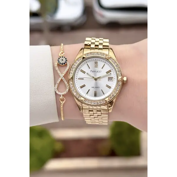Gold Renk 34 Mm Kadın Kol Saati ve Bileklik