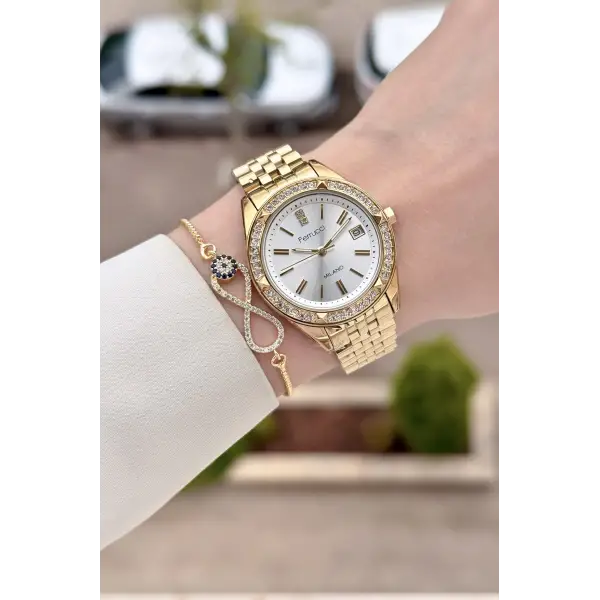 Gold Renk 34 Mm Kadın Kol Saati ve Bileklik