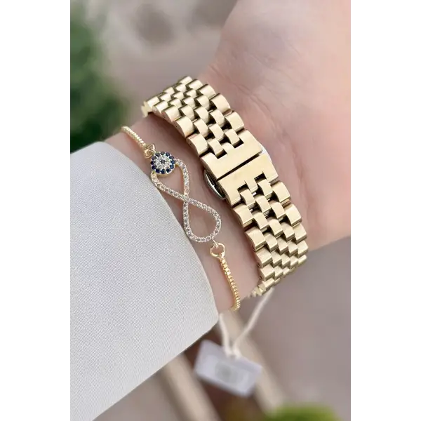 Gold Renk 34 Mm Kadın Kol Saati ve Bileklik