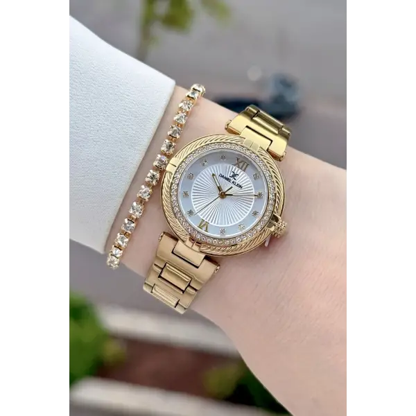 Gold Renk Hediye Paketli 32 Mm Kadın Kol Saati ve Bileklik