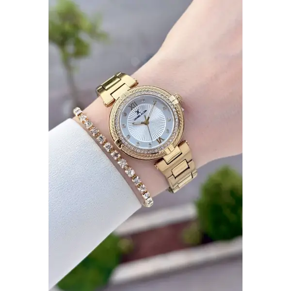 Gold Renk Hediye Paketli 32 Mm Kadın Kol Saati ve Bileklik