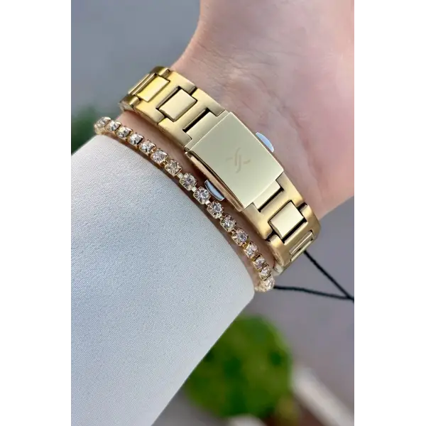 Gold Renk Hediye Paketli 32 Mm Kadın Kol Saati ve Bileklik