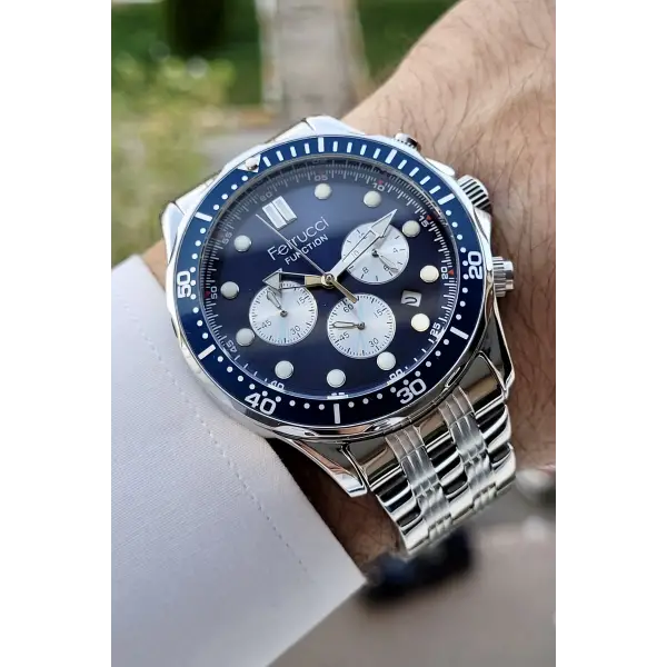 Ferrucci FCISTE227 Gümüş Lacivert Renk İç Göstergeleri Aktif Erkek Kol Saati