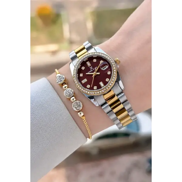 Kadranı Bordo Kordonu Gold Gümüş Renk 28 Mm Kadın Kol Saati ve Bileklik