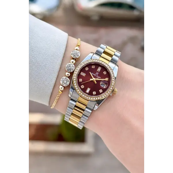 Kadranı Bordo Kordonu Gold Gümüş Renk 28 Mm Kadın Kol Saati ve Bileklik
