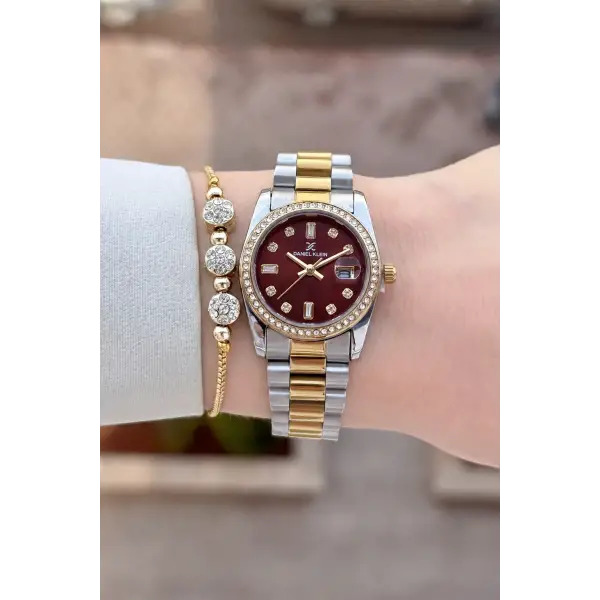 Kadranı Bordo Kordonu Gold Gümüş Renk 28 Mm Kadın Kol Saati ve Bileklik