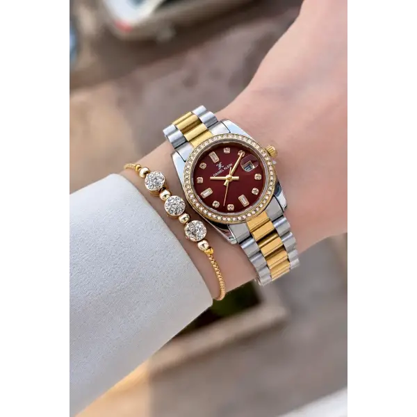 Kadranı Bordo Kordonu Gold Gümüş Renk 28 Mm Kadın Kol Saati ve Bileklik
