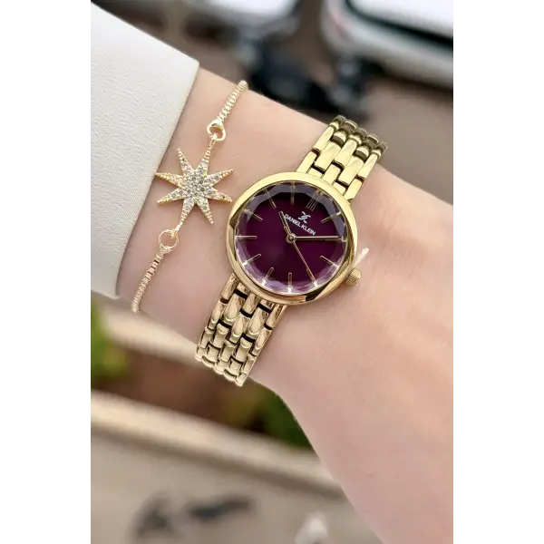 Kadranı Bordo Kordonu Gold Renk 25 Mm Hediye Paketli Kadın Kol Saati