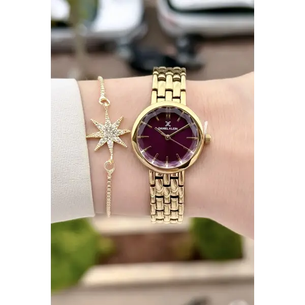 Kadranı Bordo Kordonu Gold Renk 25 Mm Hediye Paketli Kadın Kol Saati