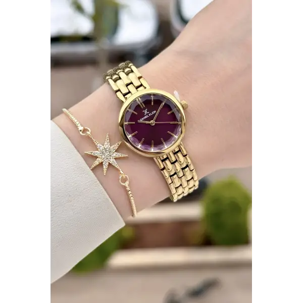 Kadranı Bordo Kordonu Gold Renk 25 Mm Hediye Paketli Kadın Kol Saati