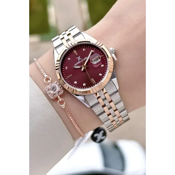 Kadranı Bordo Kordonu Rose Gümüş Renk 30 Mm Hediye Paketli Kadın Kol Saati