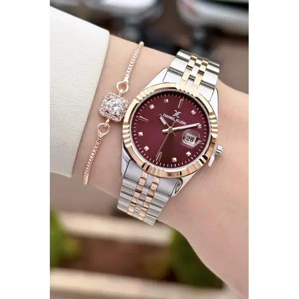 Kadranı Bordo Kordonu Rose Gümüş Renk 30 Mm Hediye Paketli Kadın Kol Saati